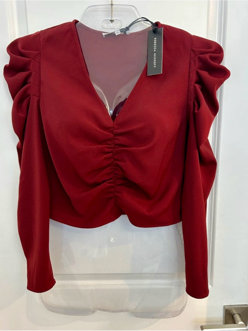 Rebecca Minkoff Wine Red Ruched V-Neck Puff Sleeve Top size S NWT